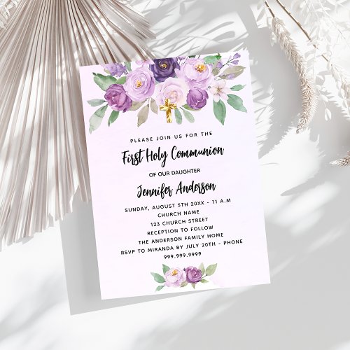 First Communion violet flowers greenery cross Invitation Postcard