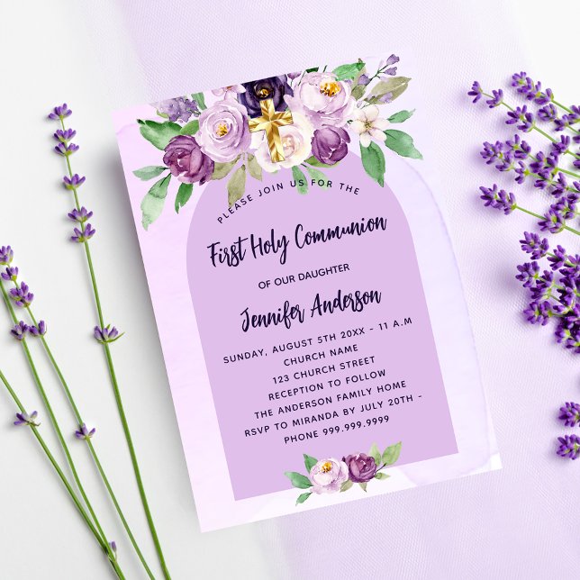 First Communion violet purple flowers cross girl Invitation (Creator Uploaded)