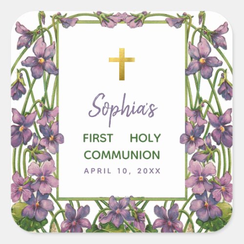 First Communion Violets Cross Purple Green Floral Square Sticker