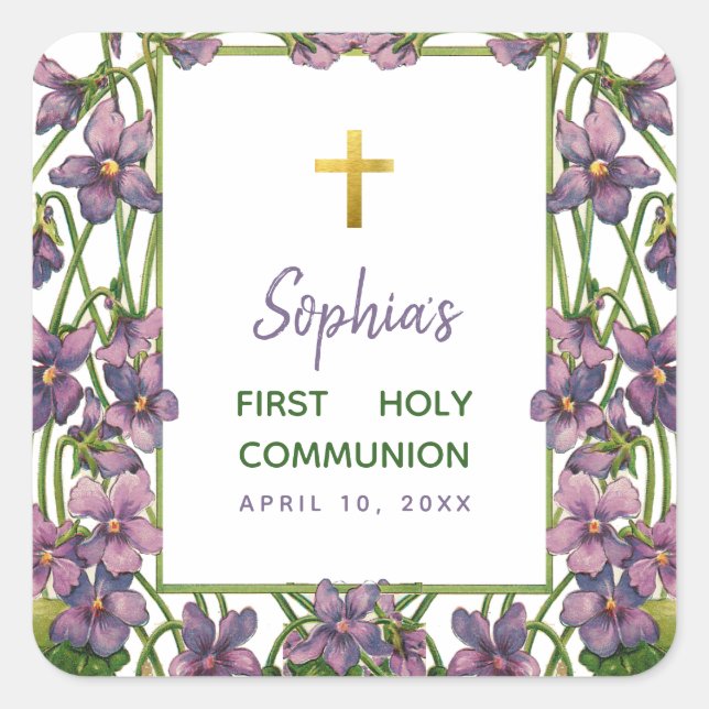First Communion Violets Cross Purple Green Floral Square Sticker (Front)