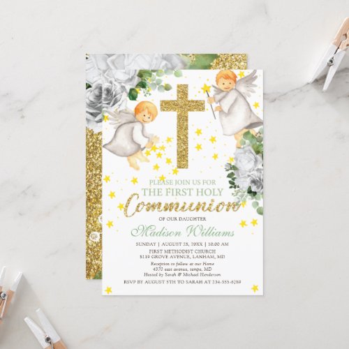 First Communion Watercolor Angels Gold Glitter  Invitation
