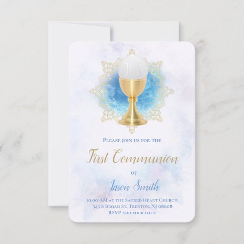 first communion watercolor blue invitation