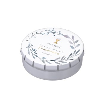 First Communion Watercolor Blue Wreath  Candy Tin by lucykitty at Zazzle