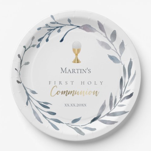First Communion watercolor blue wreath  Paper Plates