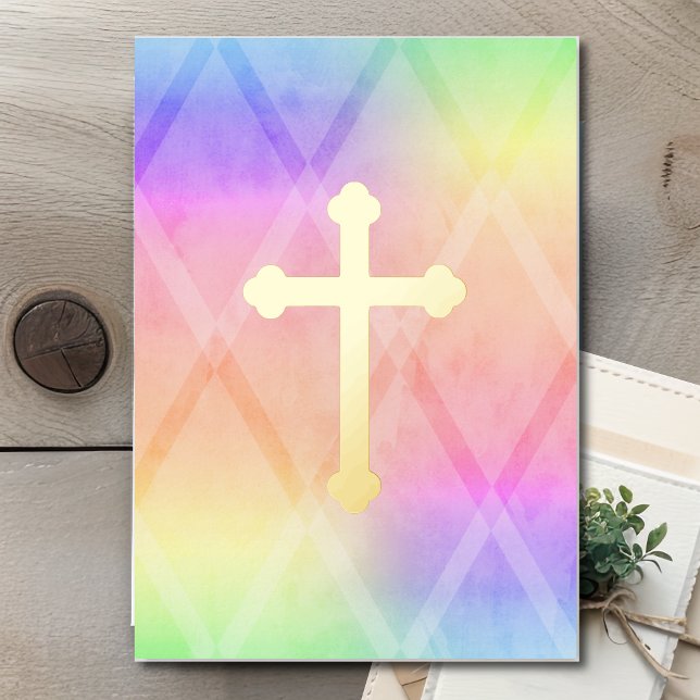 First Communion Watercolor Cross Rainbow Foil Invitation (Creator Uploaded)