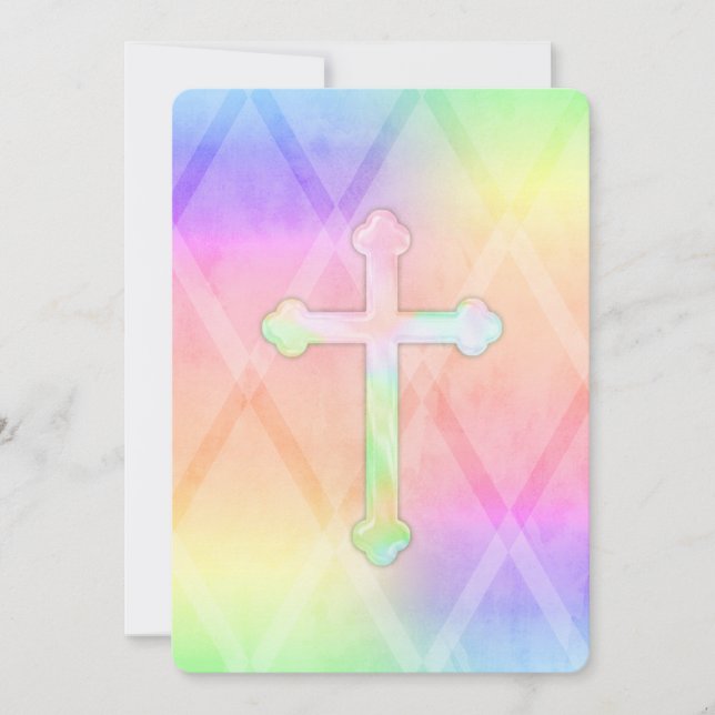 First Communion Watercolor Cross Rainbow Invitation (Front)