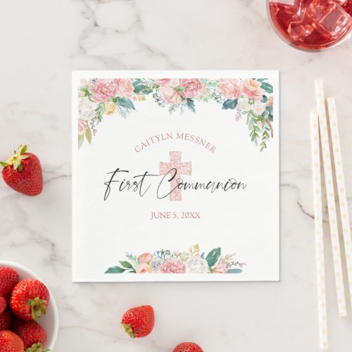 First Communion Watercolor Floral Rose Pink Cross  Napkins