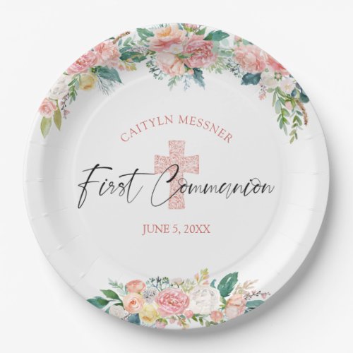 First Communion Watercolor Floral Rose Pink Cross Paper Plates
