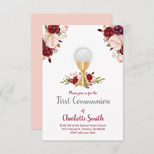 first communion watercolor flowers decor invitation (Front/Back)