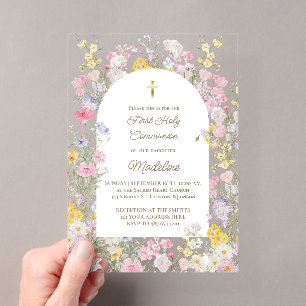 First Communion watercolor meadow flowers Acrylic Invitations