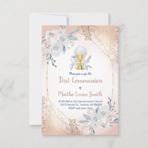 first communion watercolor pale flowers invitation
