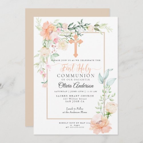 First Communion Watercolor Pastel Spring Flower 2 Invitation