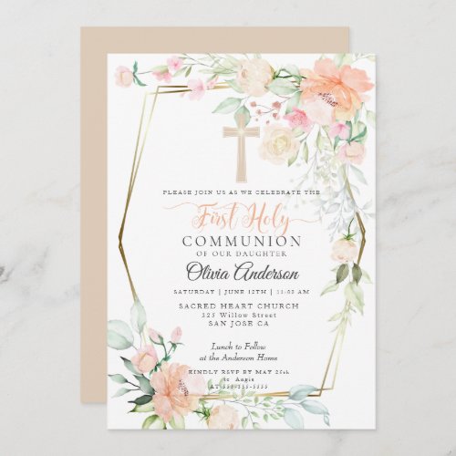 First Communion  Watercolor Pastel Spring Flowers Invitation