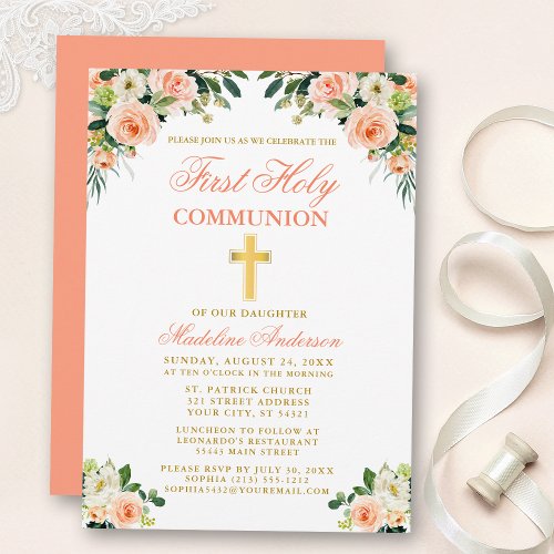 First Communion Watercolor Peach White Floral Gold Invitation