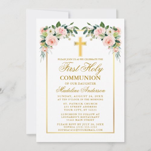 First Communion Watercolor Pink Blush Floral Gold