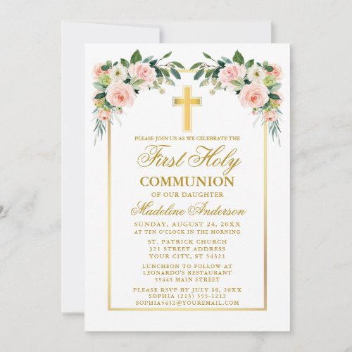 First Communion Watercolor Pink Blush Floral Gold Invitation