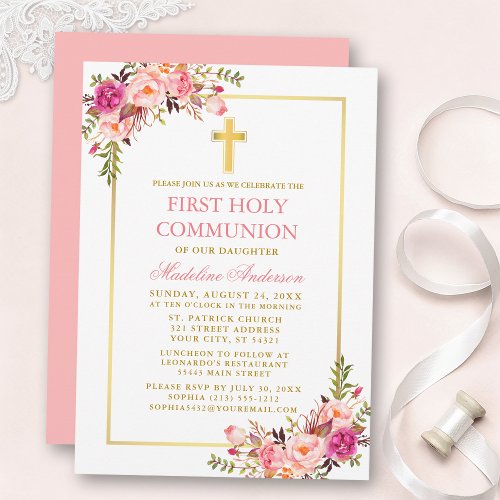 First Communion Watercolor Pink Blush Floral Gold