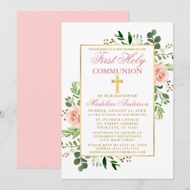 First Communion Watercolor Pink Roses Greenery Invitation (Front/Back)