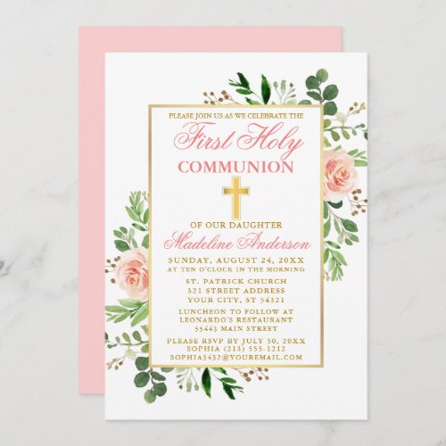First Communion Watercolor Pink Roses Greenery Invitation
