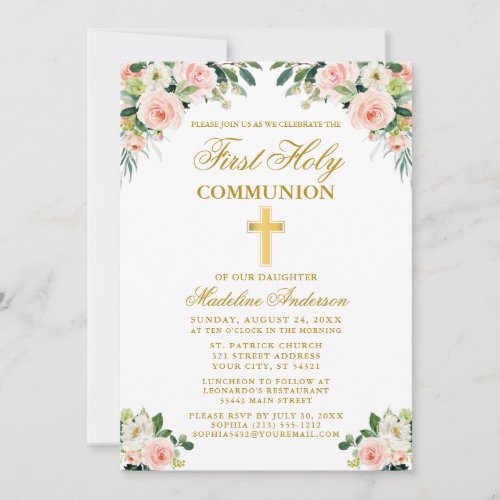 First Communion Watercolor Pink White Floral Gold Invitation