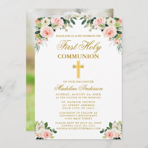 First Communion Watercolor Pink White Floral Photo Invitation