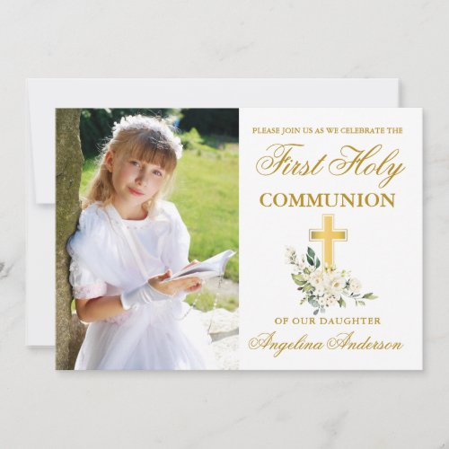 First Communion Watercolor White Floral Photo Invitation