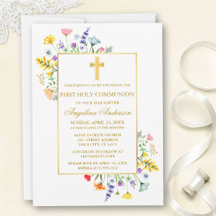 First Communion Watercolor Wildflowers Gold  Invitation