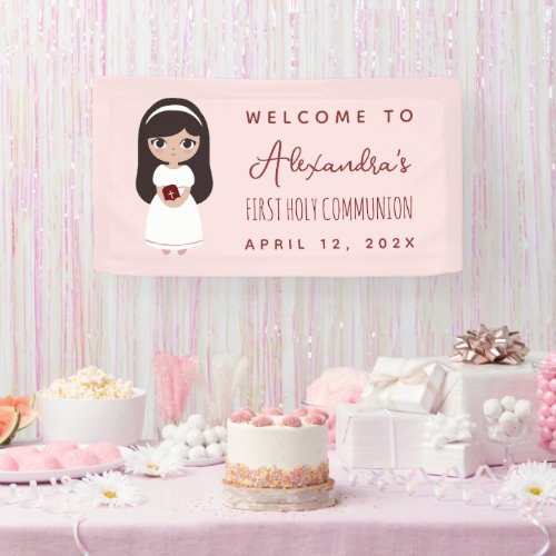 First Communion Welcome Brunette Girl Pink Cute Banner