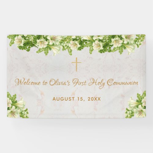 First Communion Welcome Floral White Lilies Marble Banner