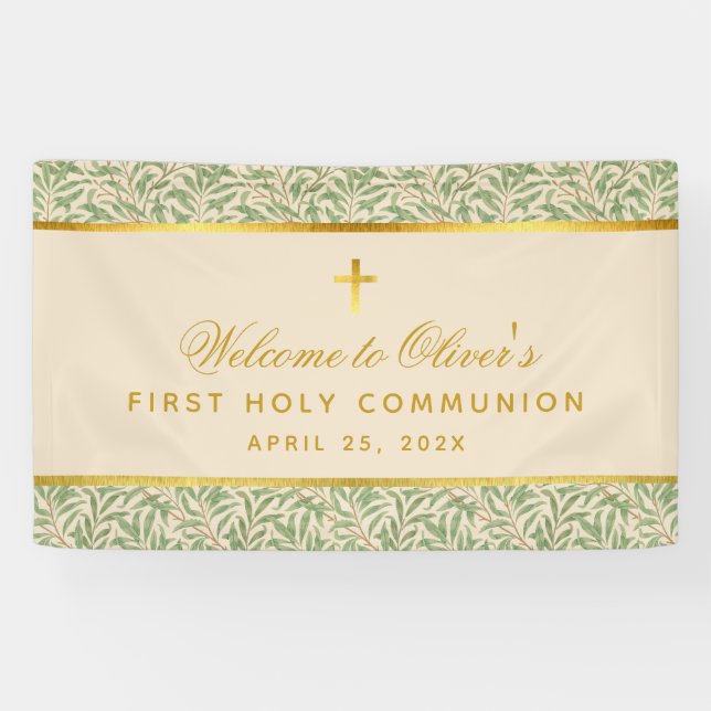 First Communion Welcome Foliage Gold Green Leaves Banner (Horizontal)