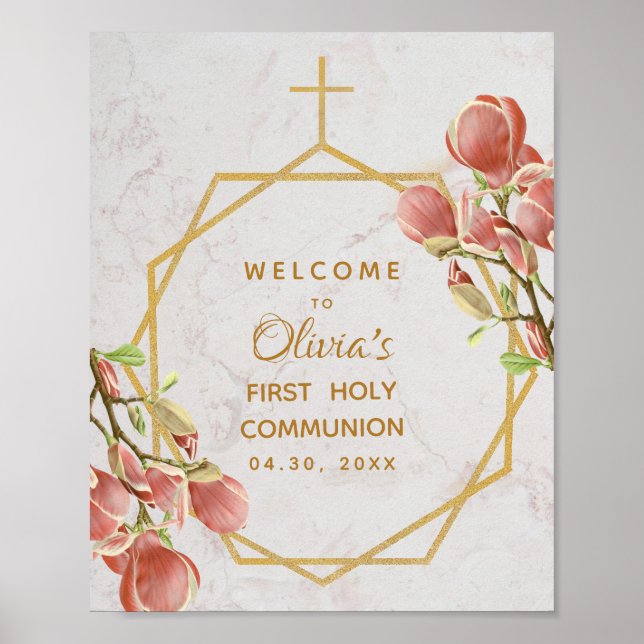 First Communion Welcome Pink Magnolia Gold Floral Poster (Front)