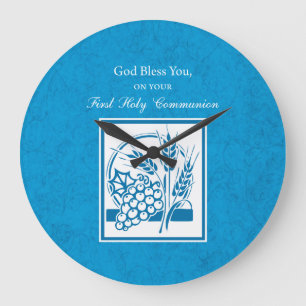 First Communion, Wheat, Grapes Blue Large Clock