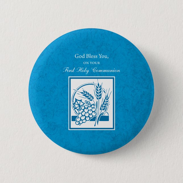 First Communion, Wheat, Grapes Blue Pinback Button (Front)