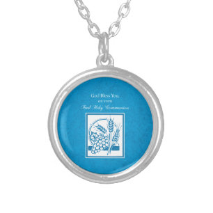 First Communion, Wheat, Grapes Blue Silver Plated Necklace