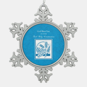 First Communion, Wheat, Grapes Blue Snowflake Pewter Christmas Ornament