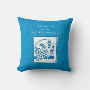 First Communion, Wheat, Grapes Blue Throw Pillow