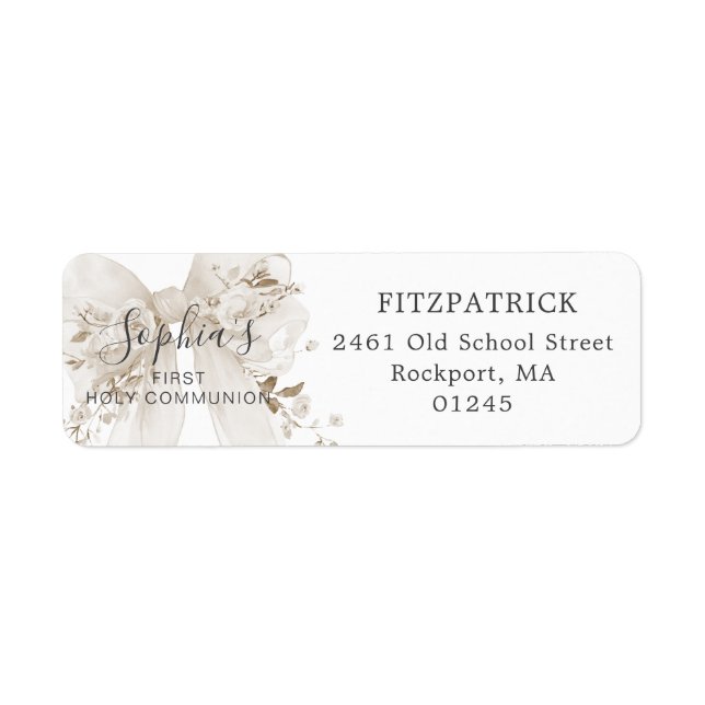 First Communion White Bow Roses Return Address Label (Front)