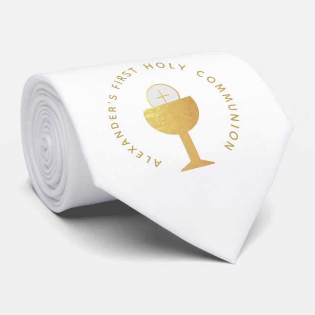 First Communion White Faux Gold Chalice Eucharist Neck Tie (Rolled)