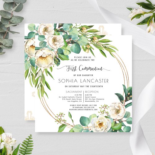 First Communion White Floral and Greenery Invitation