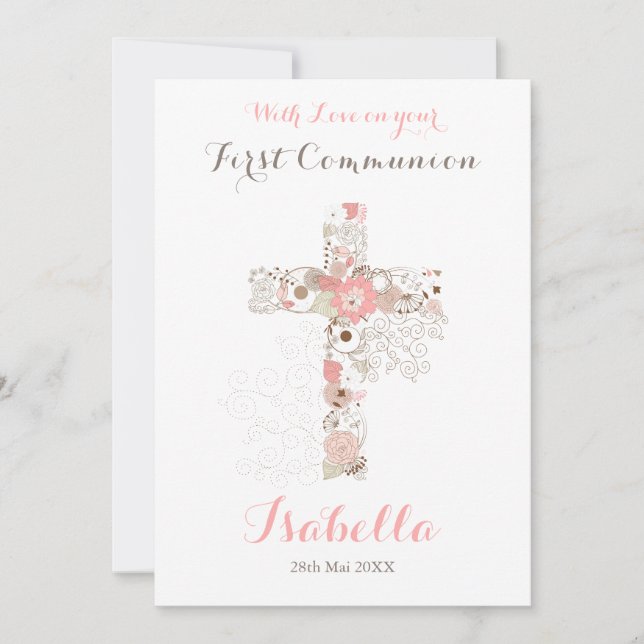 First communion white floral cross name  card (Front)