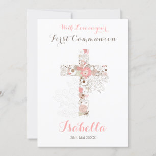 First communion white floral cross name  card