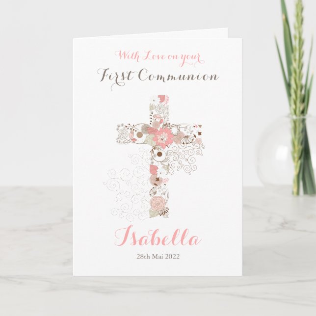 First communion white floral cross name  card (Front)