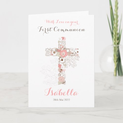 First communion white floral cross name  card