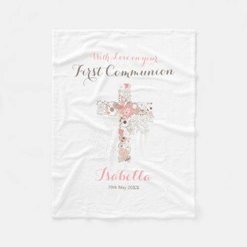 First communion white floral cross name fleece bla