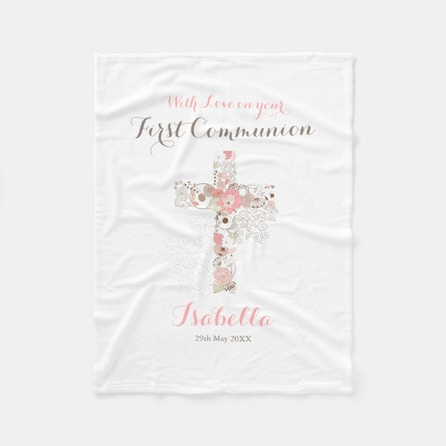 First communion white floral cross name fleece bla (Front)