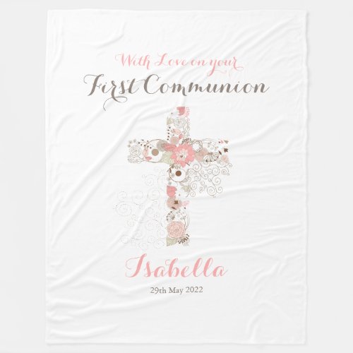 First communion white floral cross name fleece bla