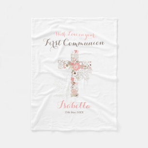 First communion white floral cross name fleece bla blanket