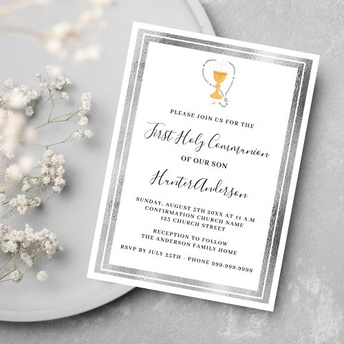 First Communion white silver chalice host luxury Invitation