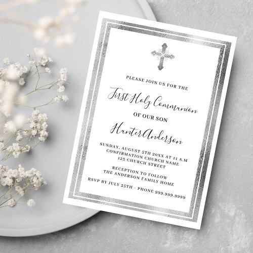 First Communion white silver cross luxury Invitation