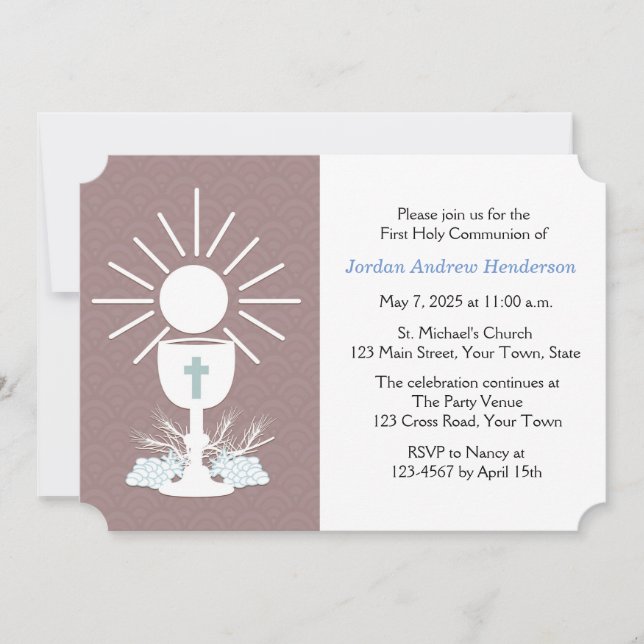 First Communion with Chalice, Mauve Invitation (Front)